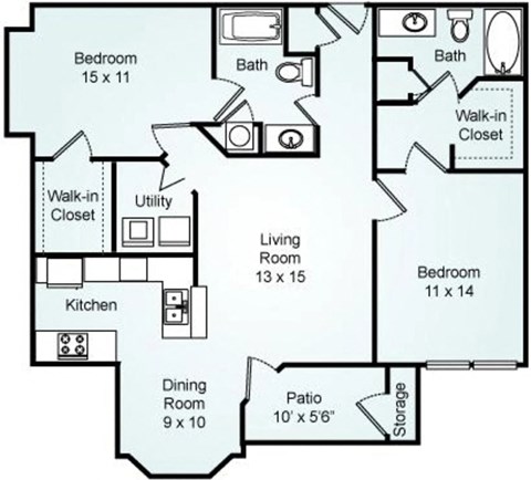 Floor plan for 2 beds, 2 baths, 1172 sqft