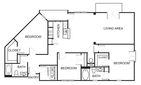 Floor plan for 3 beds, 2 baths, 1602 sqft