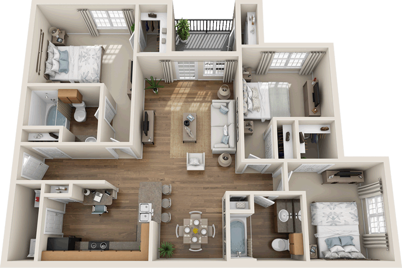 Floor plan for 3 beds, 2 baths, 1170 sqft