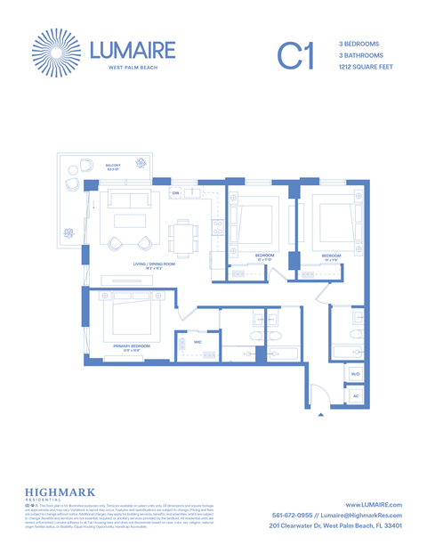 Floor plan for 3 beds, 3 baths, 1212 sqft