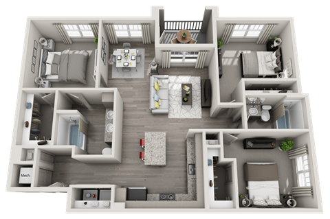 Floor plan for 3 beds, 2 baths, 1315 sqft