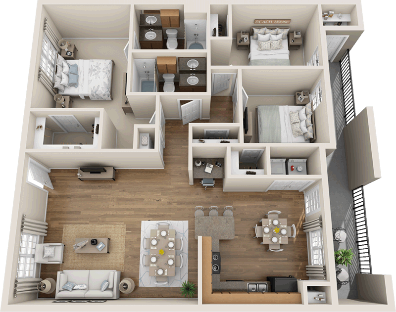Floor plan for 3 beds, 2 baths, 1200 sqft