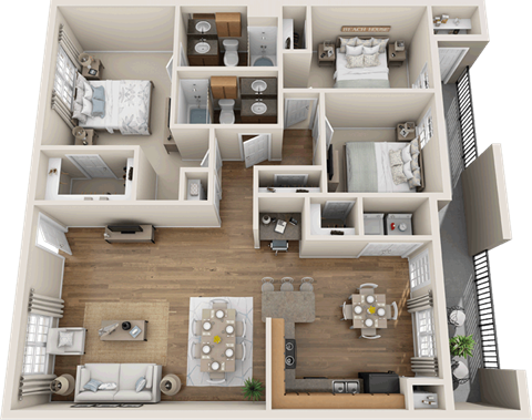 Floor plan for 3 beds, 2 baths, 1200 sqft