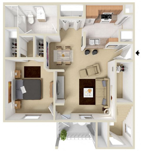Floor plan for 1 bed, 1 bath, 743 sqft