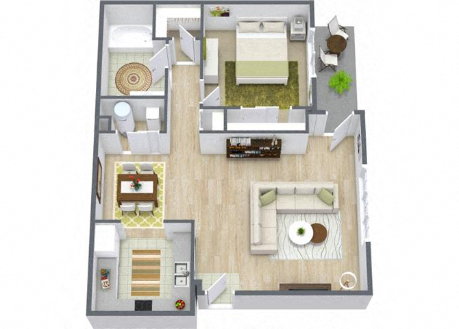 Floor plan for 1 bed, 1 bath, 671 sqft