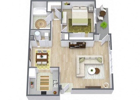 Floor plan for 1 bed, 1 bath, 671 sqft