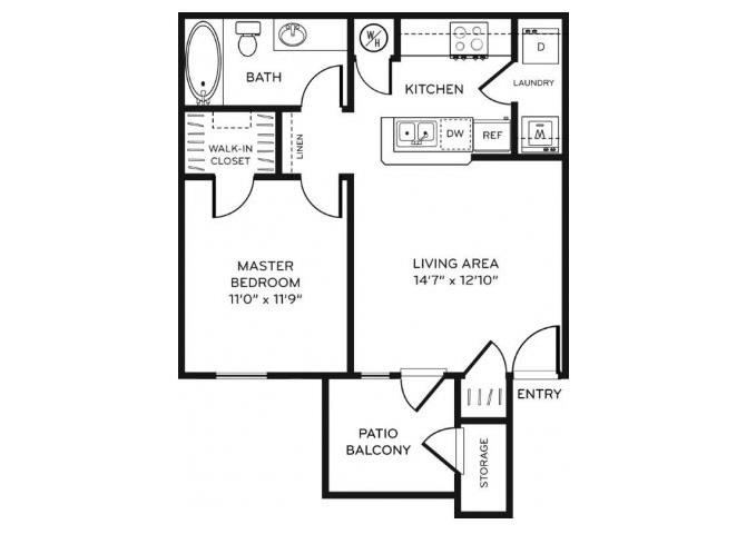 Floor plan for 1 bed, 1 bath, 595 sqft