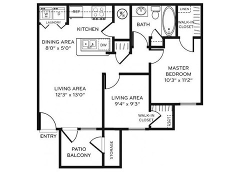 Floor plan for 2 beds, 1 bath, 723 sqft