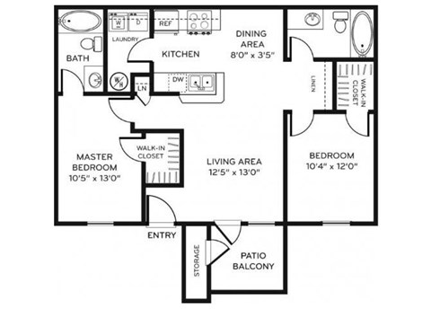 Floor plan for 2 beds, 2 baths, 864 sqft