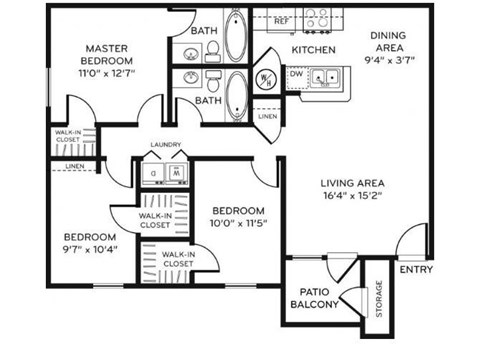 Floor plan for 3 beds, 2 baths, 1110 sqft