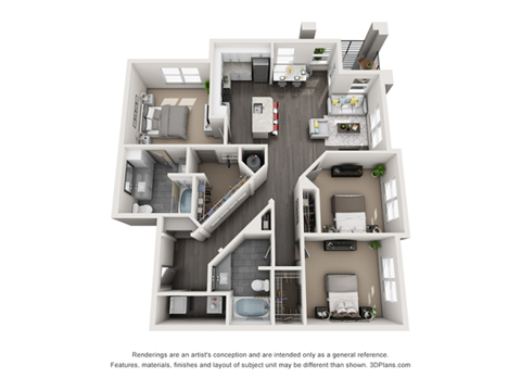 Floor plan for 3 beds, 2 baths, 1383 sqft