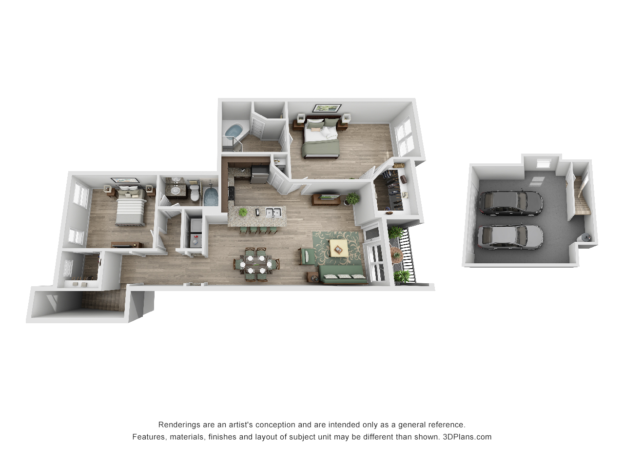 Floor plan for 2 beds, 2 baths, 1387 sqft