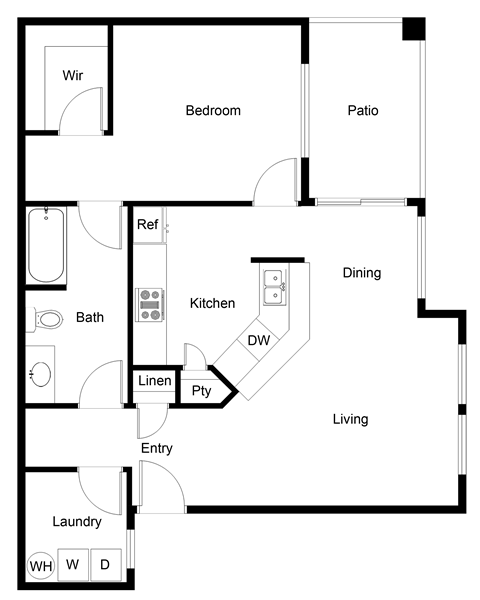 Floor plan for 1 bed, 1 bath, 740 sqft