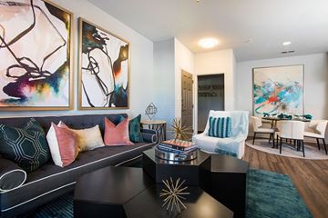 Charlotte apartment for rent - A living room with a grey couch and a coffee table with a gold star decoration.
