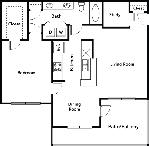 Floor plan for 1 bed, 1 bath, 954 sqft