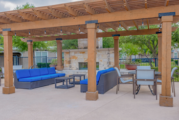 Outdoor lounge with fireplace