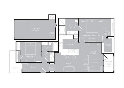 Floor plan for 2 beds, 2 baths, 1259 sqft