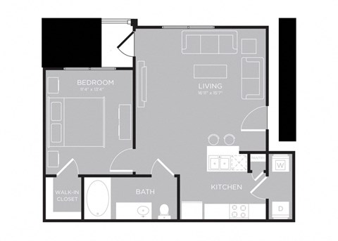 Floor plan for 1 bed, 1 bath, 652 sqft