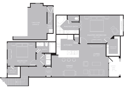 Floor plan for 2 beds, 2 baths, 1387 sqft