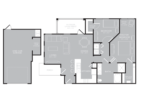Floor plan for 2 beds, 1 bath, 1077 sqft