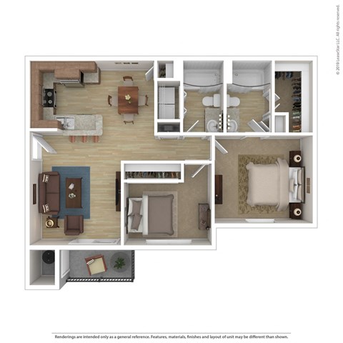 Floor plan for 2 beds, 2 baths, 1049 sqft