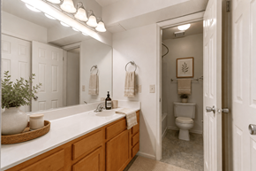 Waldorf apartment for rent - A bathroom with a white counter and a toilet in the background. Virtually staged.