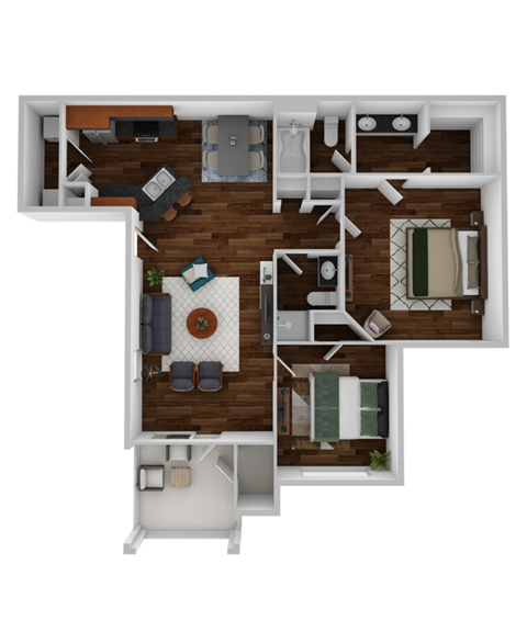 Floor plan for 1 bed, 2 baths, 970 sqft