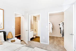 Columbia apartment for rent - A bedroom with a bed, a nightstand with a lamp, and a closet with clothes.