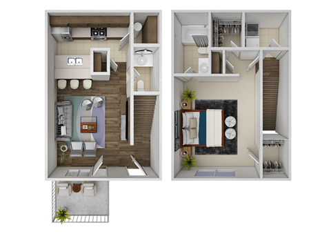 Floor plan for 1 bed, 1.5 baths, 860 sqft