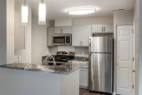 Gaithersburg apartment for rent - A renovated kitchen featuring hardwood style flooring, gray walls with white trim and doors, ash gray cabinets with brushed nickel pulls, granite countertops, stainless steel appliances, a single gooseneck faucet, and pendant lighting over the breakfast bar area. Appliances pictured include a refrigerator, stove/oven combo, and a built-in microwave.