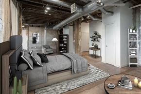 Denver apartment for rent - Large Bedroom with Exposed Ductwork and Polished Concrete Flooring with Virtually Placed Bed and Decorations