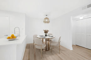 Jacksonville apartment for rent - a dining area with a table and chairs and a kitchenette with a sink and a counter