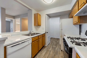 Orlando apartment for rent - Kitchen with hardwood style flooring, double basin sink, white appliances, with gas stove range