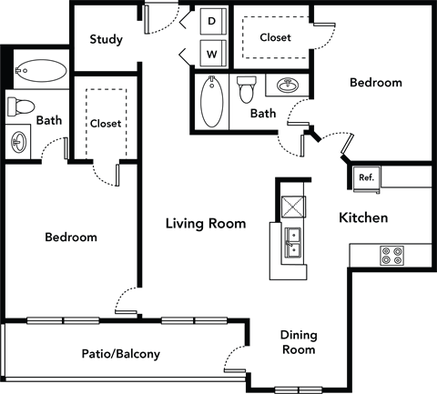 Floor plan for 2 beds, 2 baths, 1202 sqft