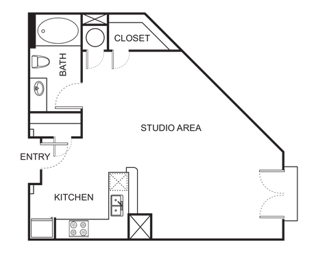Floor plan for studio, 1 bath, 609 sqft