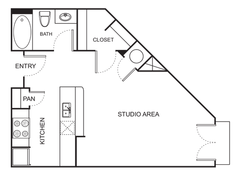 Floor plan for studio, 1 bath, 530 sqft