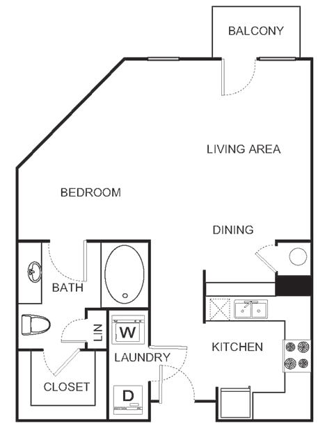 Floor plan for studio, 1 bath, 634 sqft