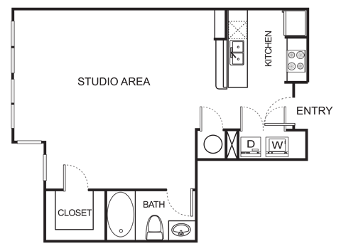 Floor plan for studio, 1 bath, 659 sqft