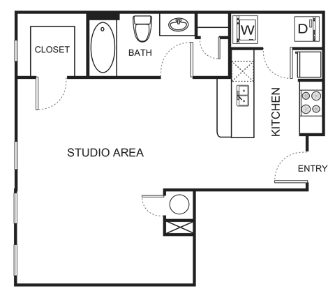 Floor plan for studio, 1 bath, 657 sqft