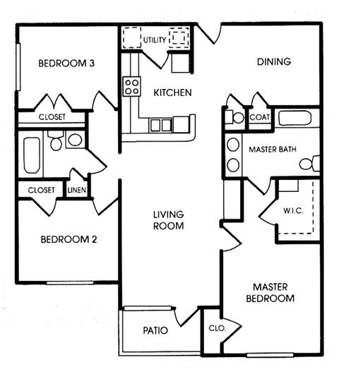 Floor plan for 3 beds, 2 baths, 1335 sqft