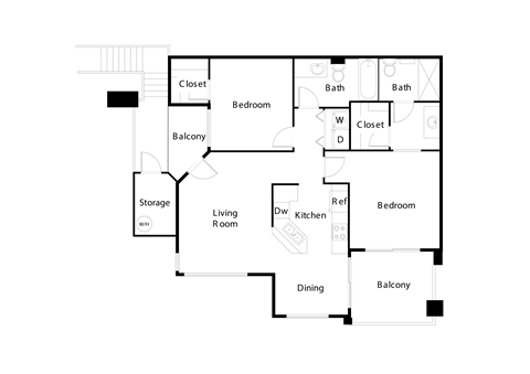 Floor plan for 2 beds, 2 baths, 950 sqft