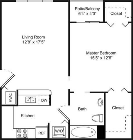 Floor plan for 1 bed, 1 bath, 703 sqft