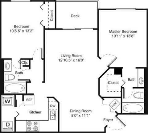 Floor plan for 2 beds, 2 baths, 1047 sqft