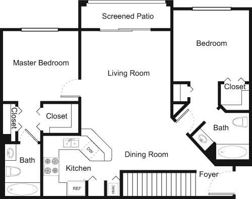 Floor plan for 2 beds, 2 baths, 1166 sqft