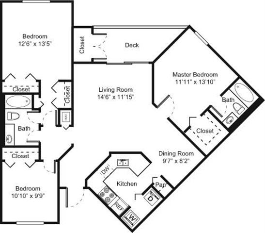 Floor plan for 3 beds, 2 baths, 1300 sqft