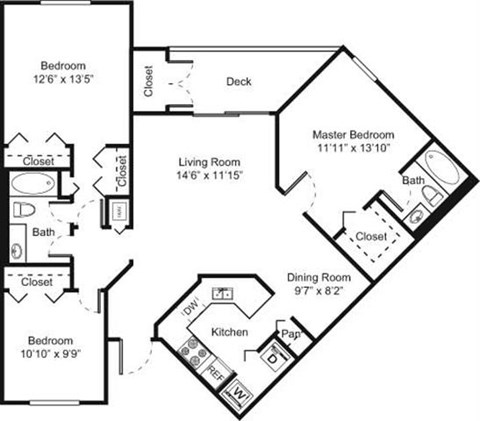 Floor plan for 3 beds, 2 baths, 1300 sqft