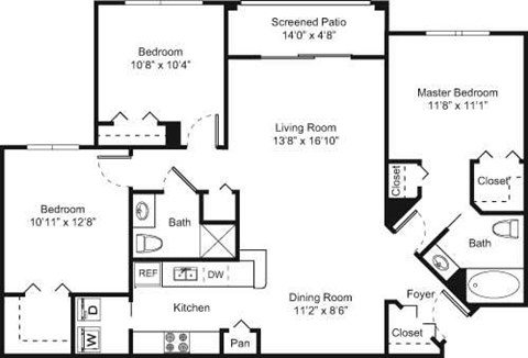 Floor plan for 3 beds, 2 baths, 1324 sqft