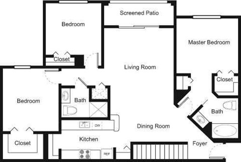 Floor plan for 3 beds, 2 baths, 1361 sqft