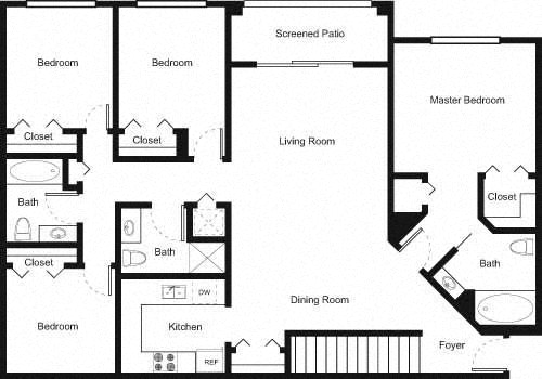 Floor plan for 4 beds, 3 baths, 1636 sqft