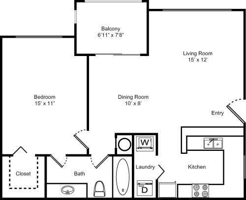 Floor plan for 1 bed, 1 bath, 718 sqft